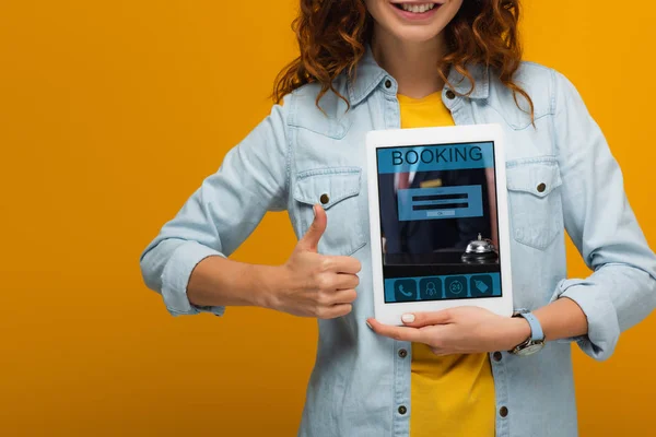 Cropped View Cheerful Curly Girl Holding Digital Tablet Booking App — Stock Photo, Image