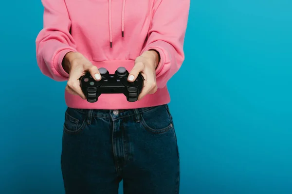 Cropped View Young Woman Holding Joystick Playing Blue — Stock Photo, Image