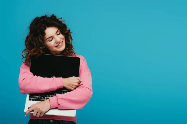 Cheerful Curly Redhead Girl Hugging Laptop Blank Screen While Standing — Stock Photo, Image