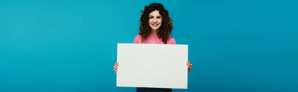Panoramic Shot Cheerful Curly Girl Holding Blank Placard Blue — Stock Photo, Image
