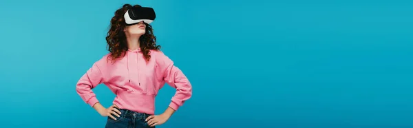 Panoramic Shot Curly Girl Wearing Virtual Reality Headset While Standing — Stock Photo, Image
