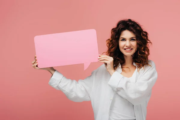 Happy Curly Girl Red Hair Holding Blank Speech Bubble Pink — Stock Photo, Image