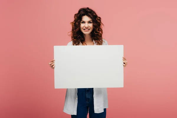Happy Young Woman Holding Blank Placard While Standing Pink — Stock Photo, Image