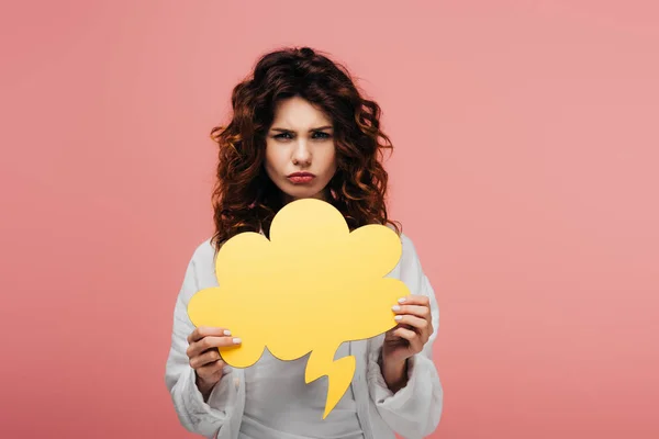 Attractive Curly Girl Duck Face Holding Yellow Thought Bubble Pink — Stock Photo, Image