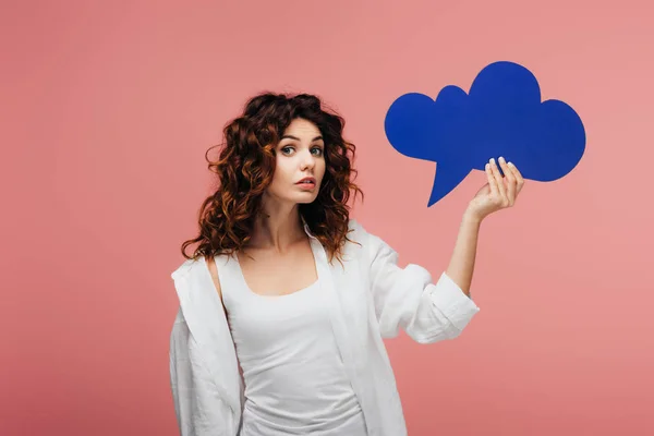 Attractive Curly Girl Red Hair Holding Blue Thought Bubble Pink — Stock Photo, Image