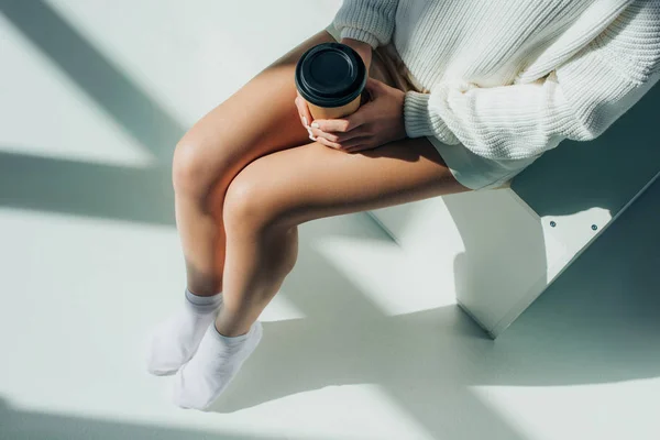 Cropped View Young Woman Sitting Holding Paper Cup White — Stock Photo, Image