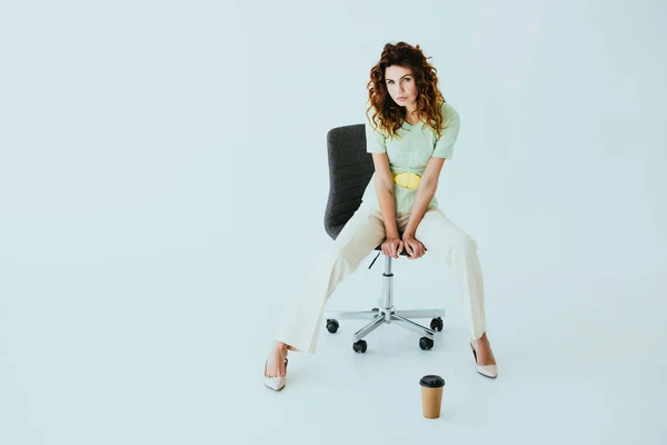 Curly Redhead Young Woman Sitting Black Office Chair Paper Cup — Stock Photo, Image