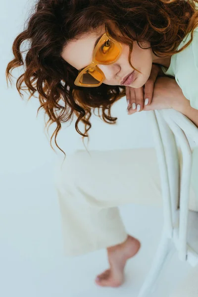 Overhead View Curly Redhead Young Woman Yellow Sunglasses Looking Camera — Stock Photo, Image