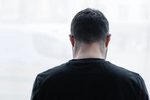 Back View Lonely Short Haired Man Standing Window Home — Stock Photo, Image