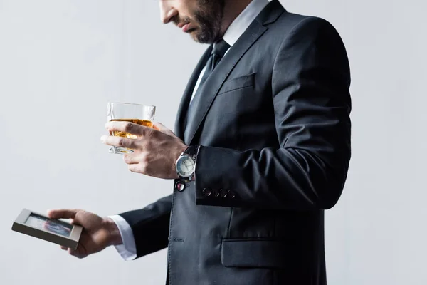 Partial View Man Suit Holding Glass Whiskey Photo Frame — Stock Photo, Image