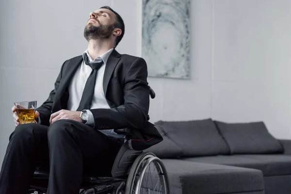 Upset Bearded Disabled Man Sitting Wheelchair Closed Eyes Holding Glass — Stock Photo, Image