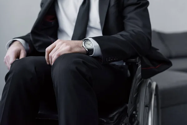 Partial View Disable Man Black Suit Watch Sitting Wheelchair — Stock Photo, Image