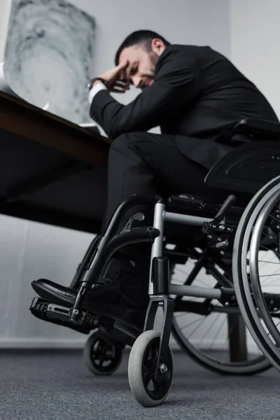 Selective Focus Depressed Disabled Businessman Sitting Wheelchair Workplace — Stock Photo, Image