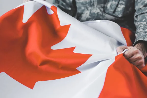 Selective Focus Man Military Uniform Holding Canada National Flag — Stock Photo, Image