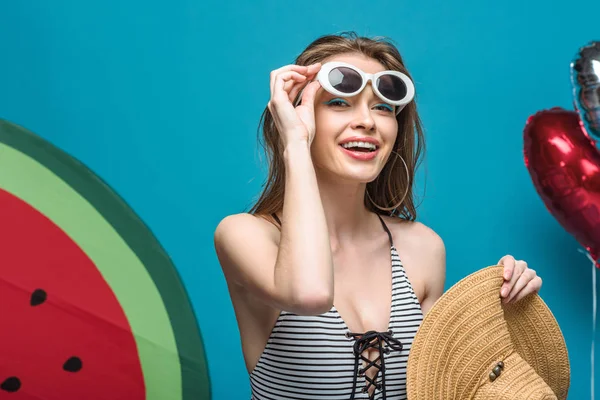 Smiling Girl Swimsuit Sunglasses Holding Straw Hat Blue — Stock Photo, Image