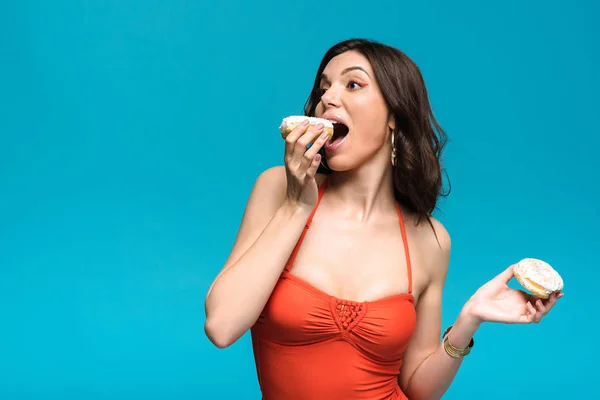 Young Woman Swimsuit Eating Donut Isolated Blue — Stock Photo, Image