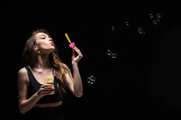 Pretty Young Woman Blowing Soap Bubbles Isolated Black — Stock Photo, Image