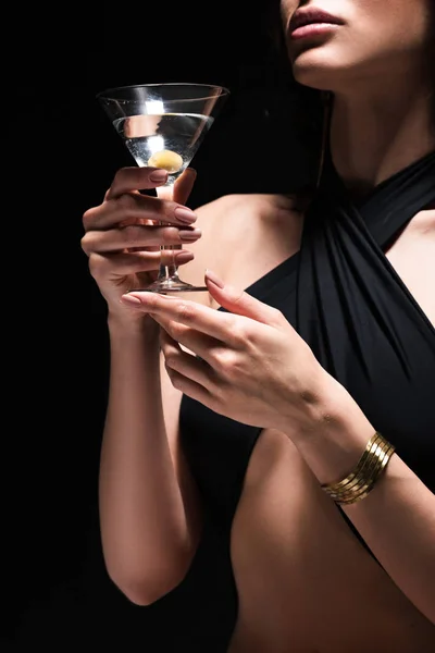 Cropped View Sexy Woman Holding Glass Martini Olive Isolated Black — Stock Photo, Image