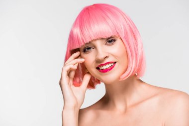 pembe peruk içinde çekici neşeli çıplak kız gri izole