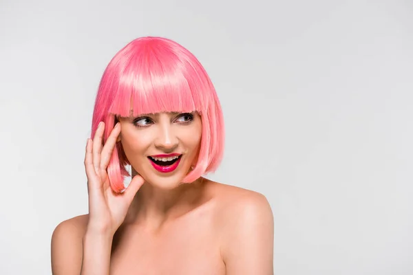 Beautiful Naked Girl Pink Wig Isolated Grey — Stock Photo, Image