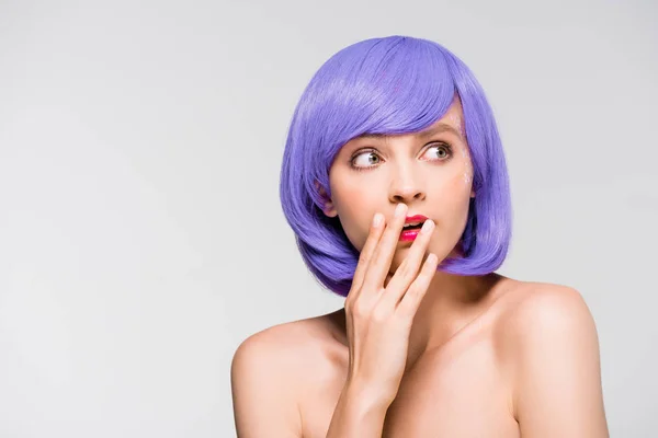 Surprised Beautiful Naked Girl Purple Wig Isolated Grey — Stock Photo, Image