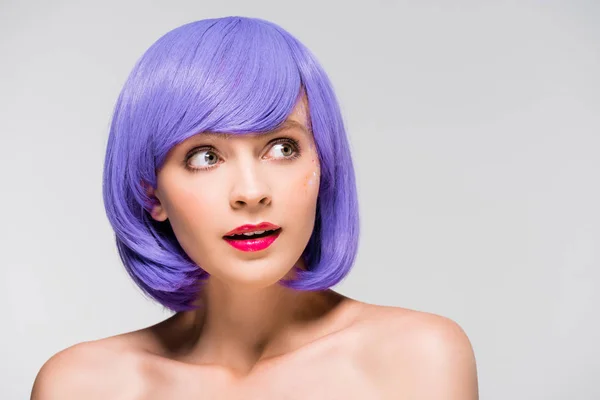 Stylish Naked Girl Purple Wig Isolated Grey — Stock Photo, Image