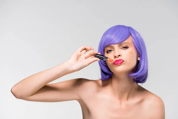 Fashionable Young Woman Purple Wig Holding Lipstick Isolated Grey — Stock Photo, Image