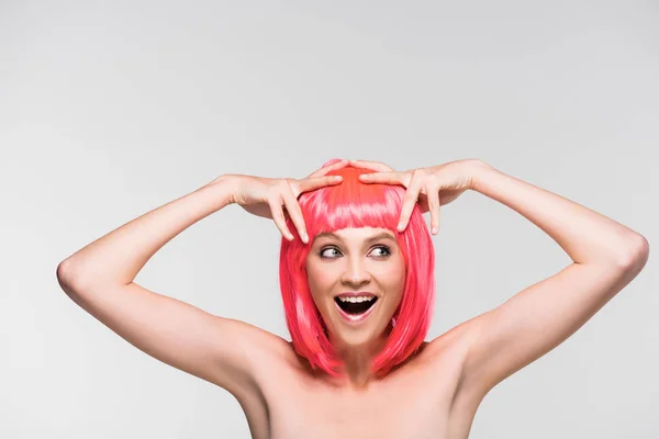 Excitada Joven Desnuda Peluca Rosa Aislada Gris — Foto de Stock