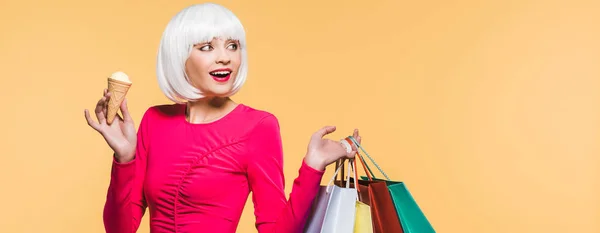 Cheerful Girl White Wig Shopping Bags Ice Cream Isolated Yellow — Stock Photo, Image