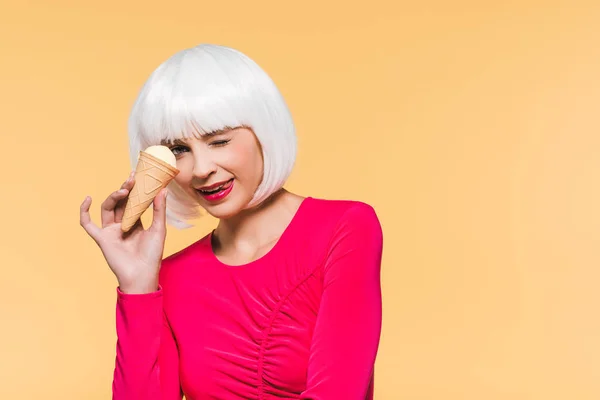 Beautiful Winking Girl White Wig Eating Ice Cream Isolated Yellow — Stock Photo, Image