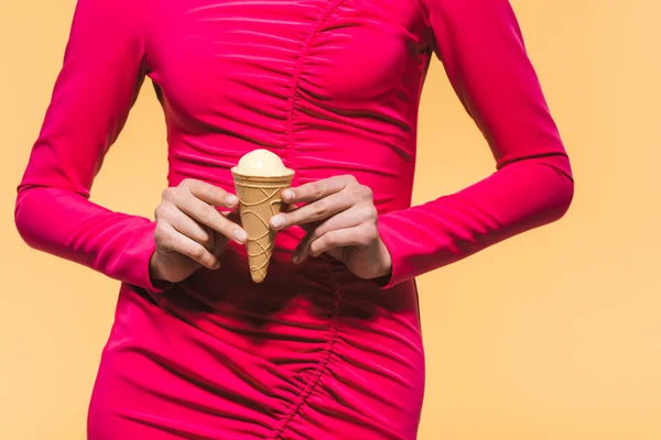 Partial View Stylish Girl Holding Ice Cream Isolated Yellow — Stock Photo, Image