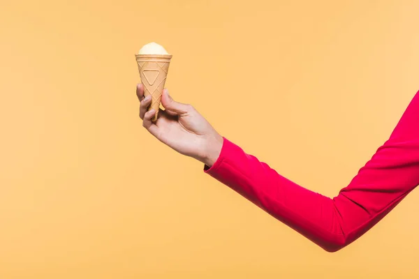 Partial View Woman Holding Ice Cream Hand Isolated Yellow — Stock Photo, Image