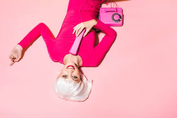 Top View Stylish Woman White Wig Retro Telephone Isolated Pink — Stock Photo, Image