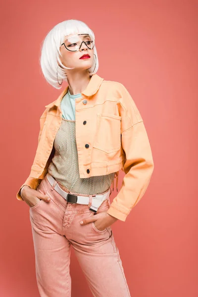 Stylish Girl Posing White Wig Isolated Pink — Stok fotoğraf