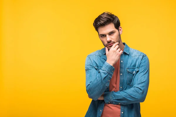 Handsome Pensive Man Touching Chin Isolated Yellow — Stock Photo, Image