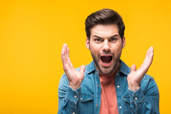 Surprised Handsome Man Gesturing Hands Isolated Yellow — Stock Photo, Image