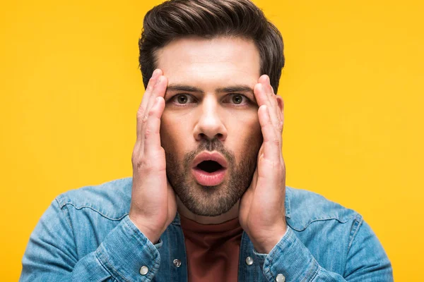 Shocked Handsome Man Hands Head Isolated Yellow — Stock Photo, Image