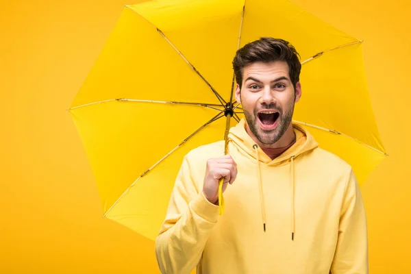 Bel Homme Excité Tenant Parapluie Isolé Sur Jaune — Photo