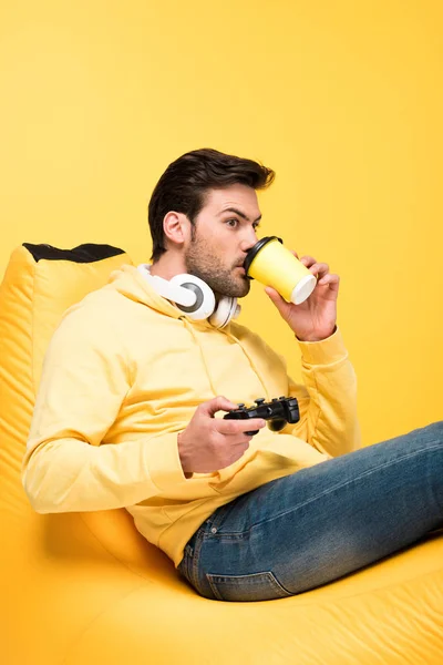 Kyiv Ukraine April Man Drinking Coffee Bean Bag Chair Playing — Stock Photo, Image