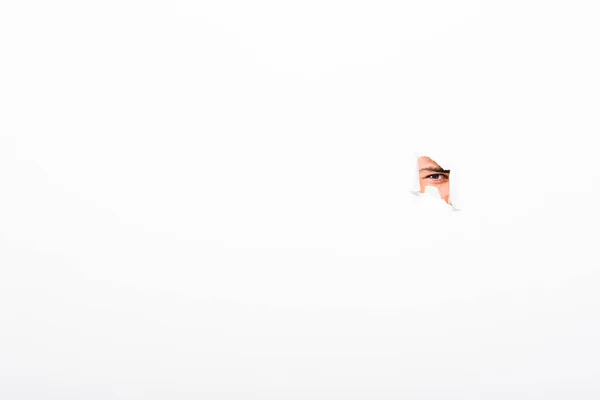 Hombre Mirando Desde Agujero Pared Papel Blanco Con Espacio Copia —  Fotos de Stock