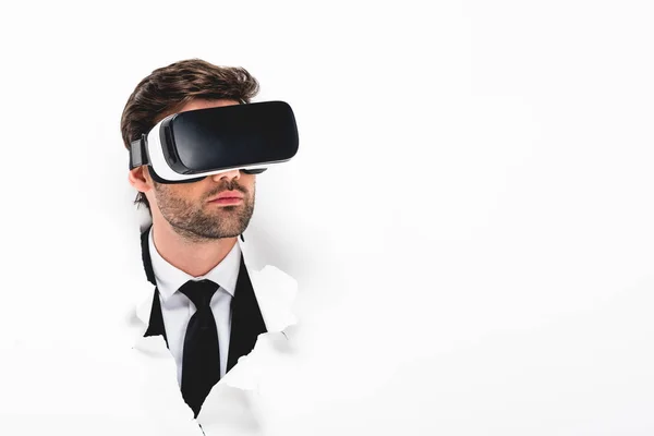 Man Formal Wear Virtual Reality Headset Hole Paper Wall White — Stock Photo, Image