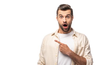 kamera bakarak ve parmak ile işaret şaşırttı Beyaz kopya alanı ile İzole