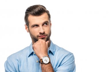 kopya alanı ile Beyaz Izole bakarak pensive adam
