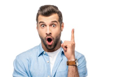 kamera bakarak ve beyaz izole fikir jesti gösteren sürpriz adam 