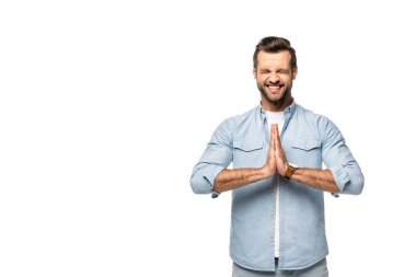 yakışıklı heyecanlı adam beyaz izole jest lütfen yapıyor