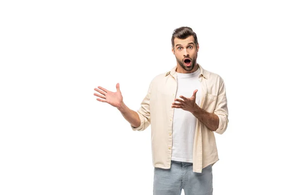 Hombre Sorprendido Mirando Cámara Gestos Con Las Manos Aisladas Blanco — Foto de Stock