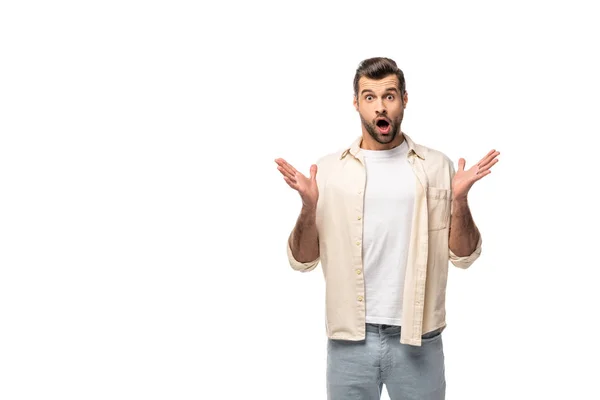 Hombre Sorprendido Mirando Cámara Gestos Con Las Manos Aisladas Blanco — Foto de Stock