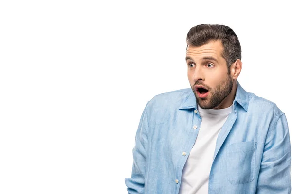 Surprised Man Looking Away Isolated White Copy Space — Stock Photo, Image