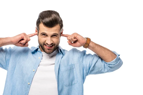 Hombre Tapando Las Orejas Con Los Dedos Aislados Blanco — Foto de Stock