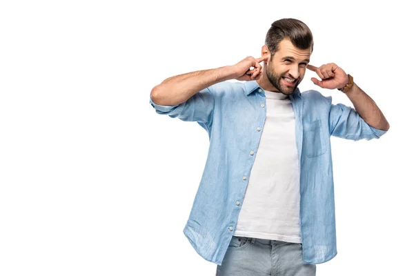 Людина Підключає Вуха Пальцями Ізольовані Білому Копіювальним Простором — стокове фото